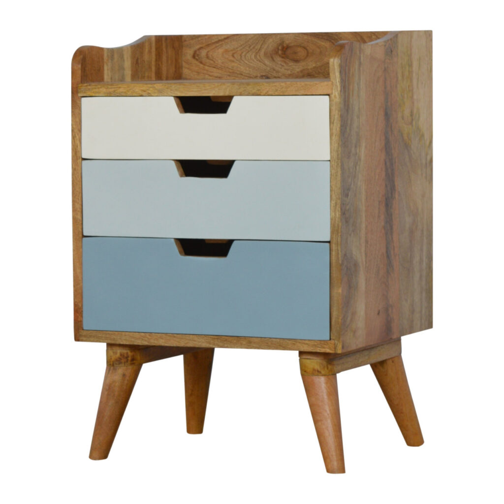 Solid Mango Wood Oak Finished Hand Painted 3 Drawer Bedside Cabinet