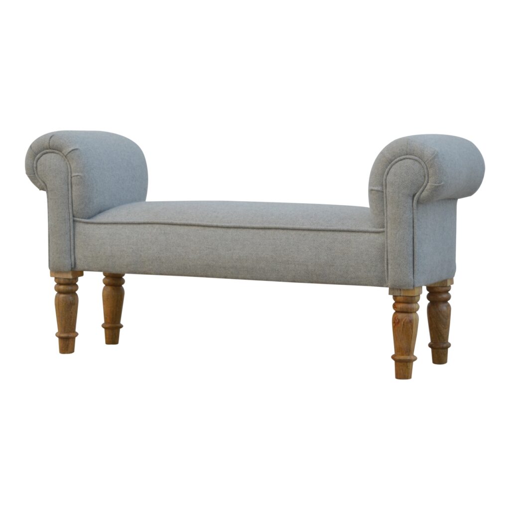 Solid Mango Wood Oak Finished Grey Tweed Upholstered Bench