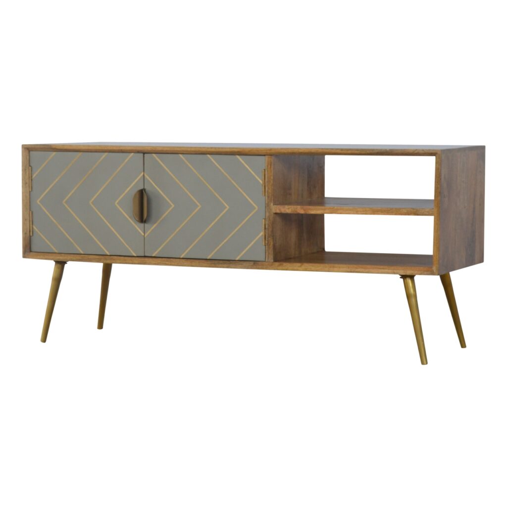 Solid Mango Wood Oak Finshed Cement/Brass Inlay 2 Door 2 Slot Media Unit