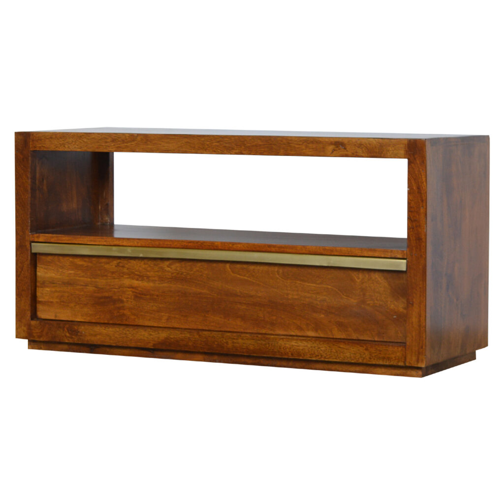 Solid Mango Wood Chestnut Finished 1 Drawer Media Unit with Gold Metal Pull Out Bar