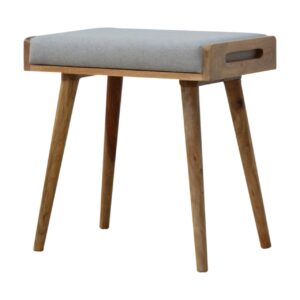 Mango Wood Oak Finised Grey Tweed Upholstered Tray Style Footstool