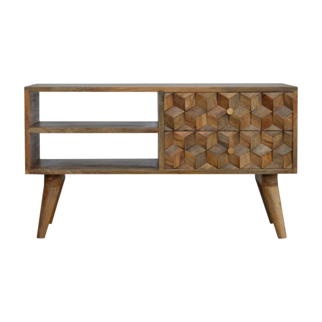 Solid Mango Wood Oak Finished Cube Carved Media Unit With 2 Open Slots & 2 Drawers