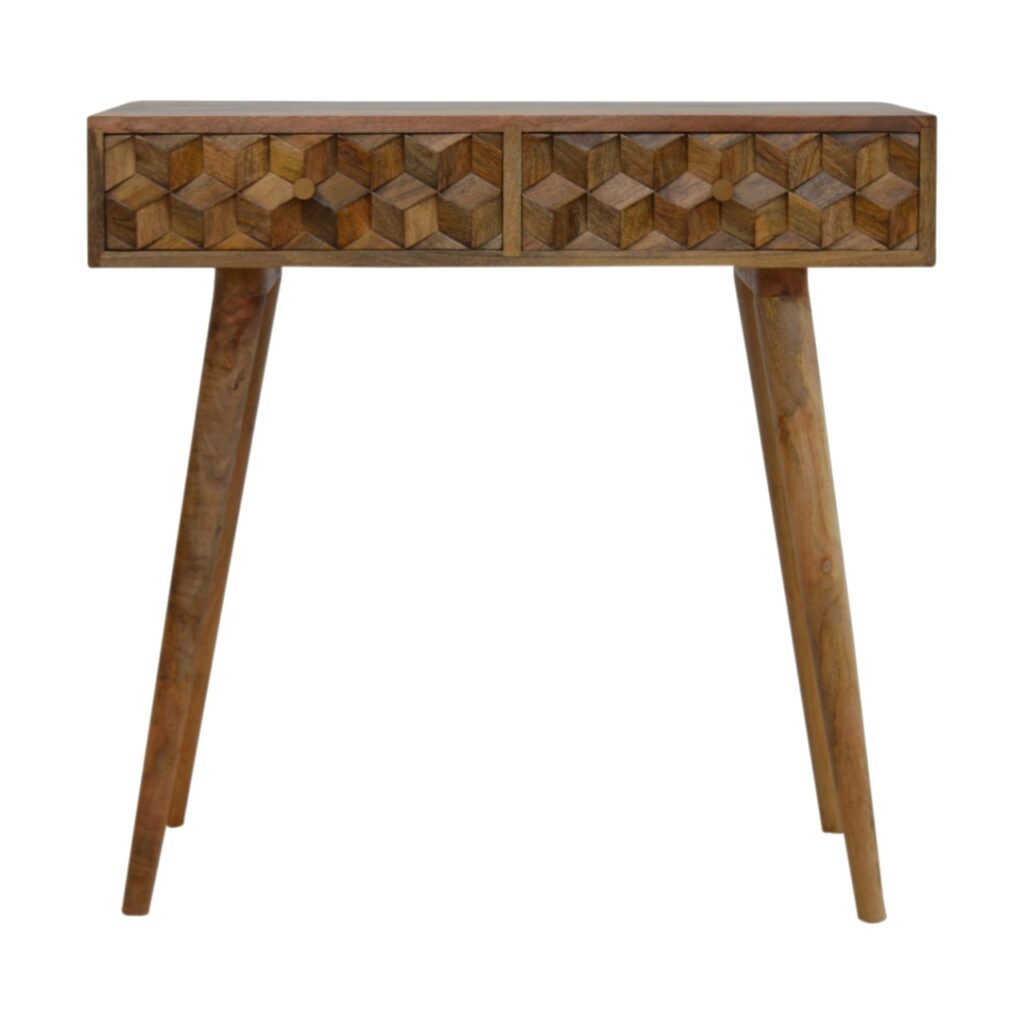 Solid Mango Wood Oak Finished 2 Drawer Cube Carved Console Table