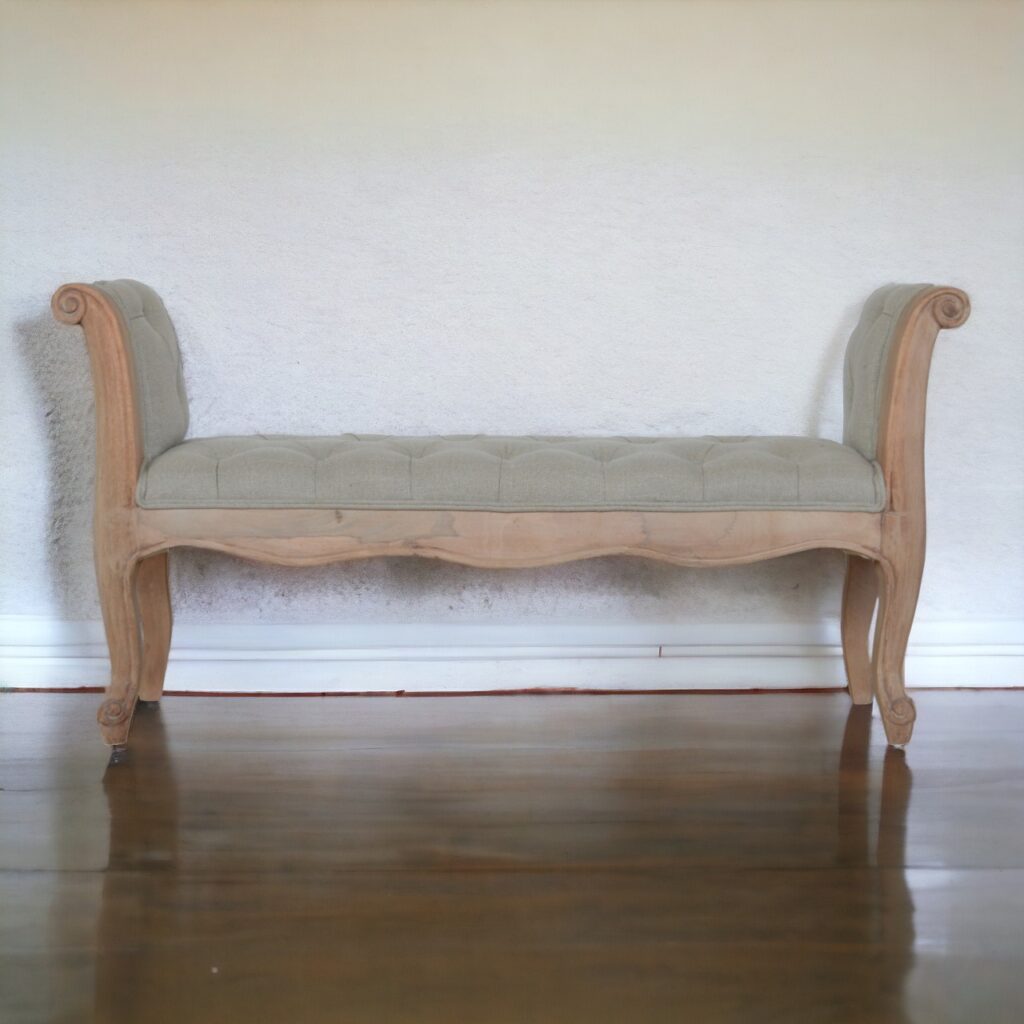 Solid Mango Wood Sun Bleached Finished French Style Beige Linen Bench