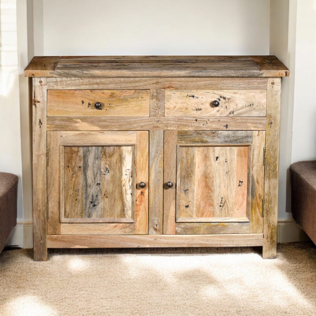Solid Mango Wood Oak Finished Small 2 Door 2 Drawer Sideboard/Cabinet