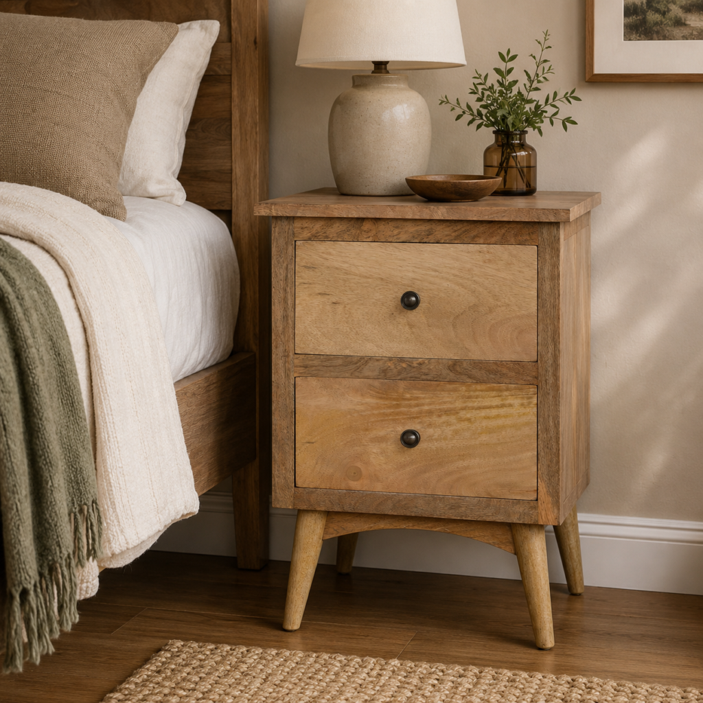 Solid Mango Wood Oak Finished 2 Drawer Nordic Style Bedside