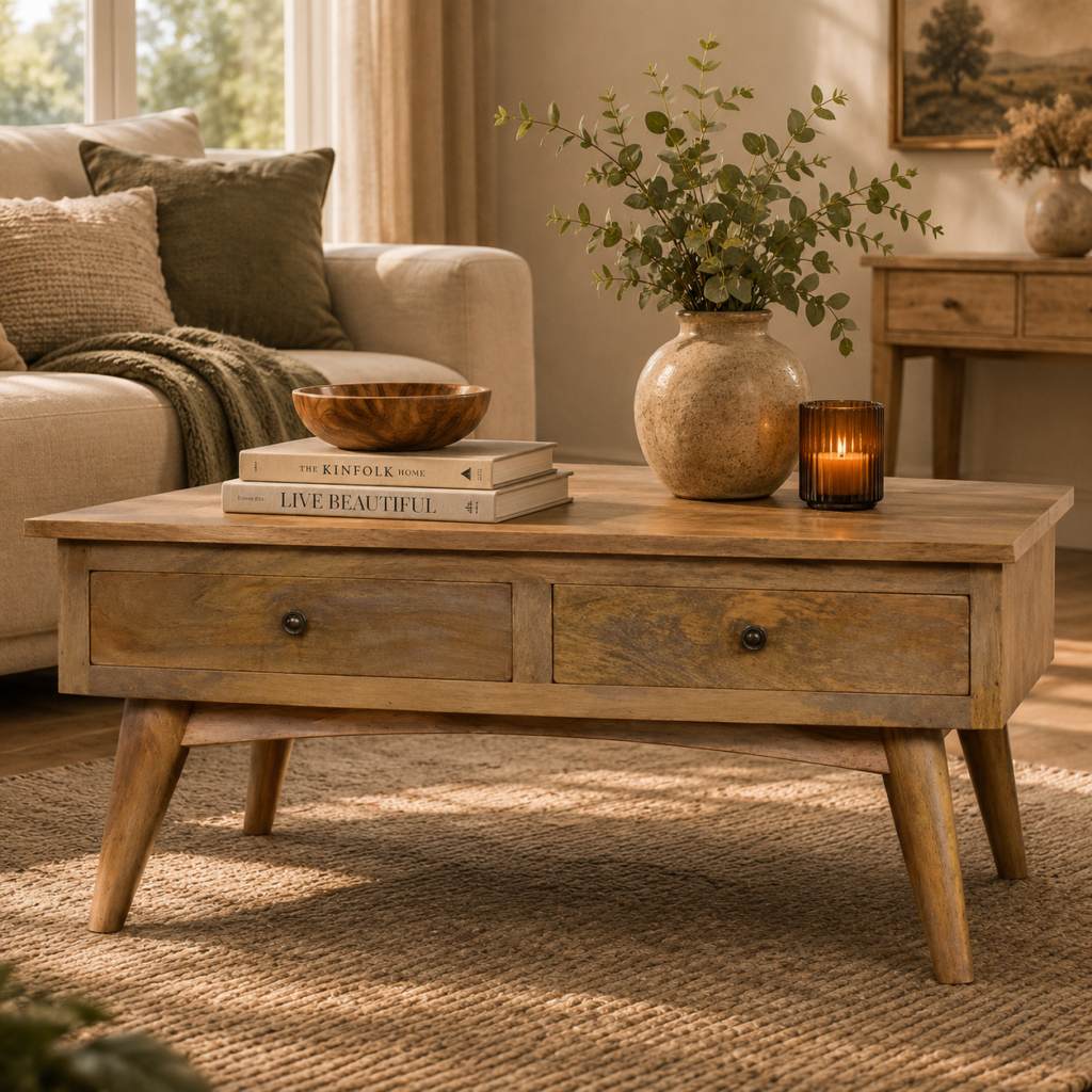 Solid Mango Wood Oak Finished 2 Drawer Coffee Table