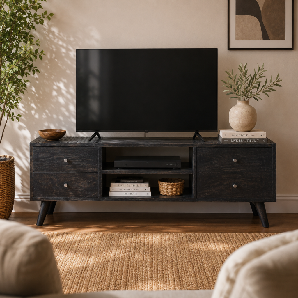 Solid Mango Wood Black Ash Finished 4 Drawer 2 Slot Media Unit