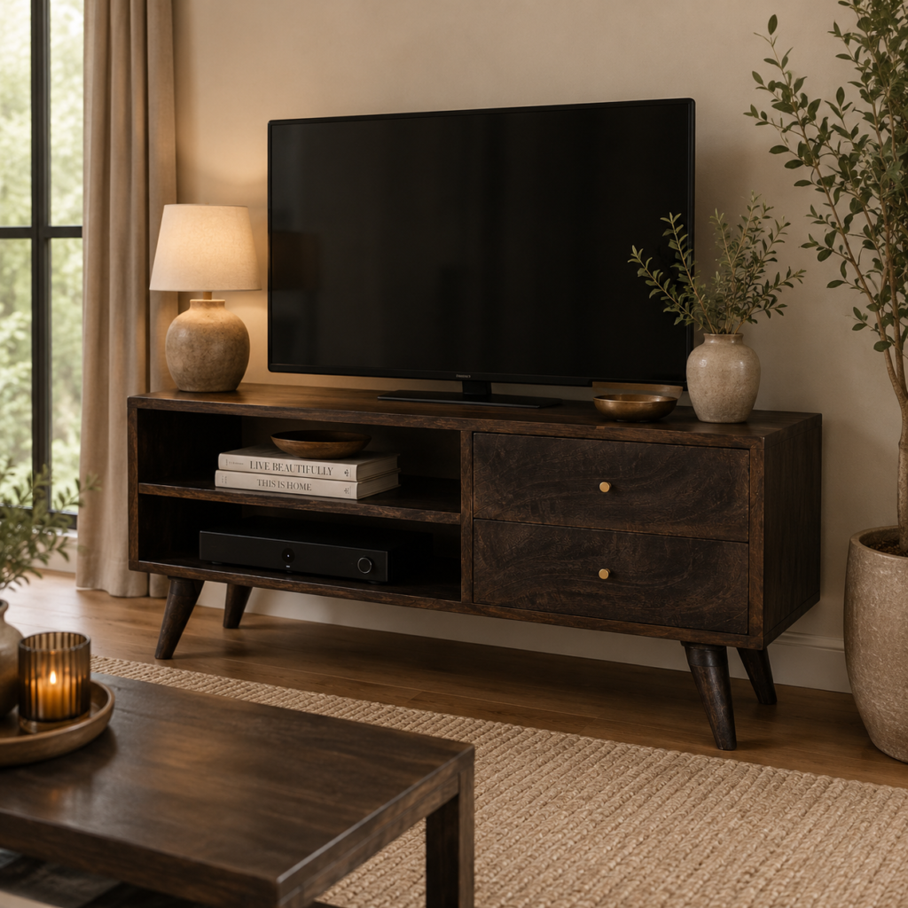 Solid Mango Wood Ash Black Finished Cairo 2 Drawer 2 Slot Media Unit