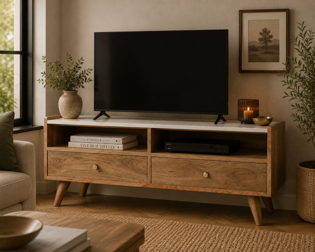 Solid Mango Wood Oak Finished Faux Marble 2 Drawer 2 Slot Media Unit