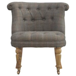 Solid Mango Wood Oak Finished Button Upholstered Tweed Occasional Chair
