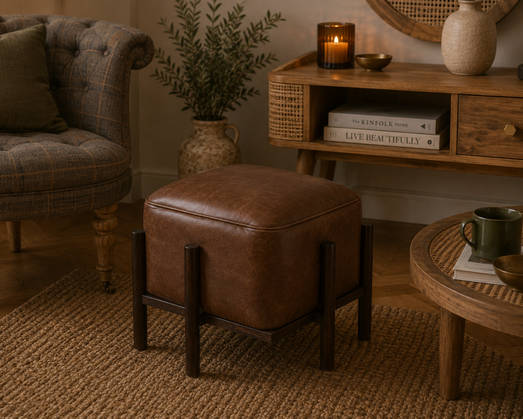 Solid Mango Wood Brown Leather Footstool with 4 Walnut Finished Legs