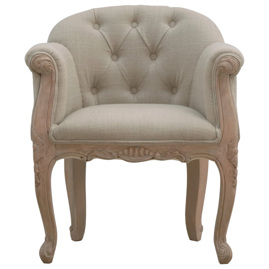 Solid Mango Wood Sun Bleached Finished French Carved Style Beige Linen Upholstered Armchair