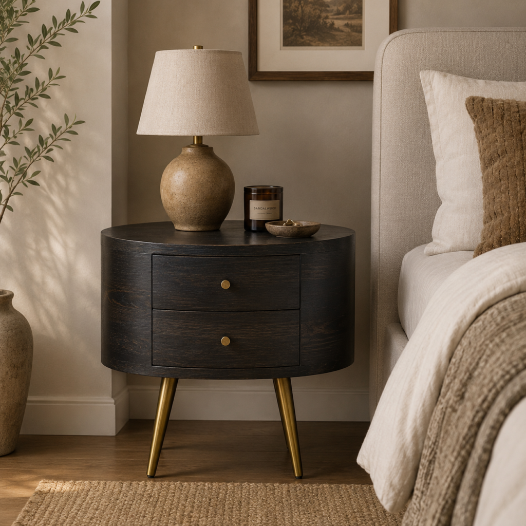Solid Mango Wood Ash Black 2 Drawer Bedside with Brass Legs