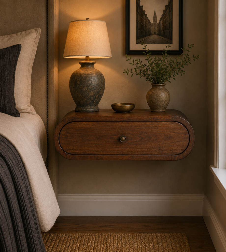 Solid Mango Wood Chestnut Finished 1 Drawer Wall Mounted Round Bedside