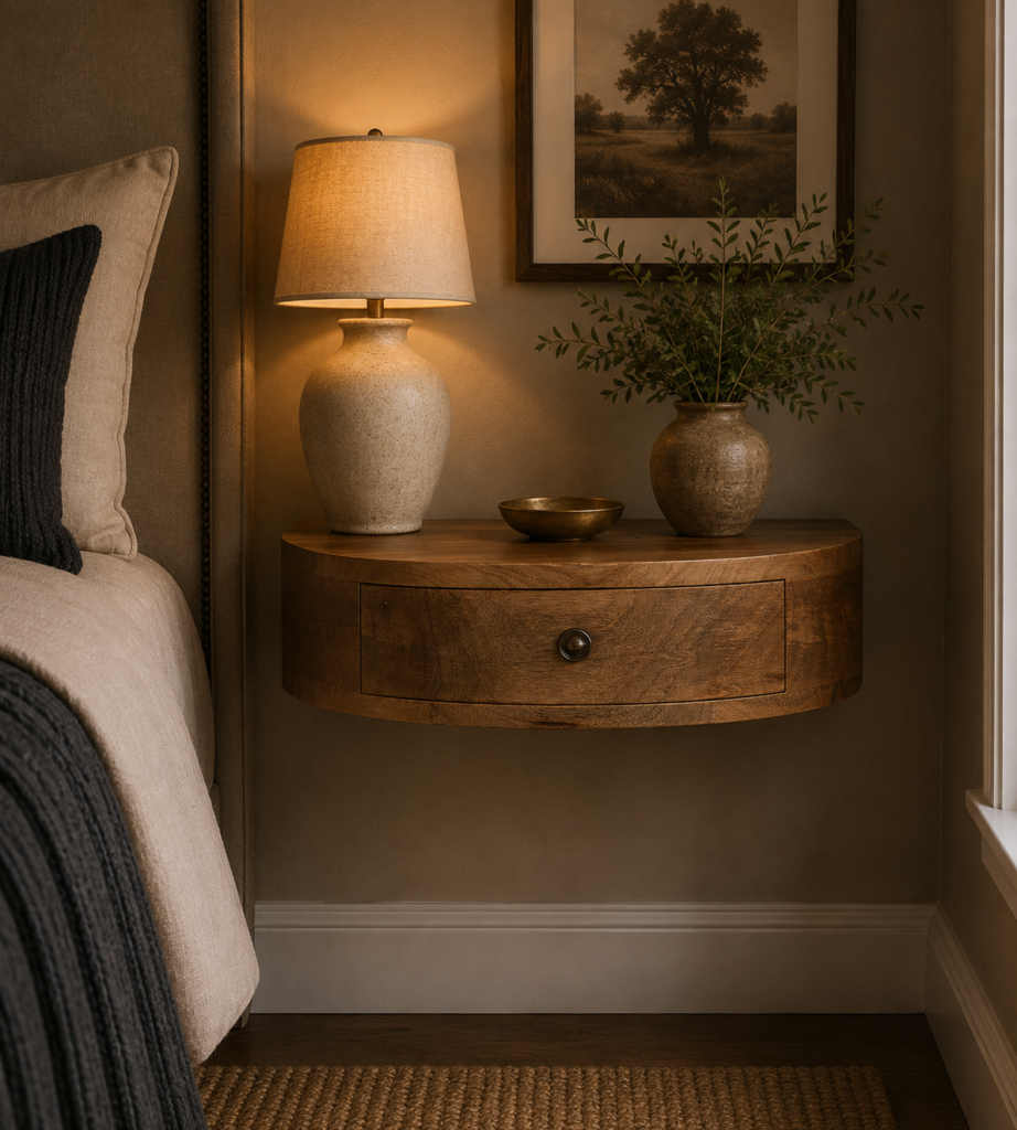 Solid Mango Wood Wall Mounted Rounded Bedside