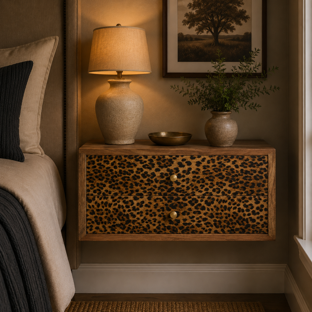 Solid Mango Wood Oak Finished Wall Mounted Leopard Print Front 2 Drawer Bedside