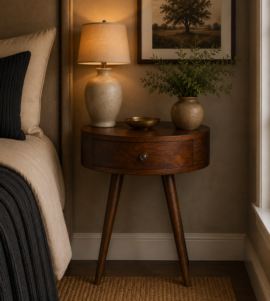 Solid Mango Wood Chestnut 1 Drawer Circular Bedside