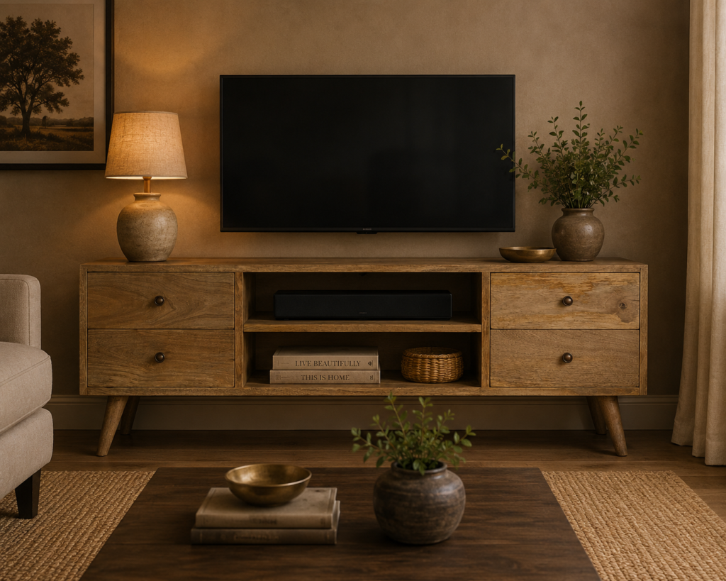 Solid Mango Wood Oak Finished 4 Drawer 2 Slots Entertainment Unit