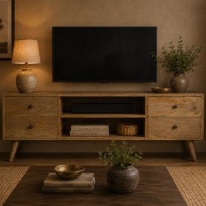 Solid Mango Wood Oak Finished 4 Drawer 2 Slots Entertainment Unit