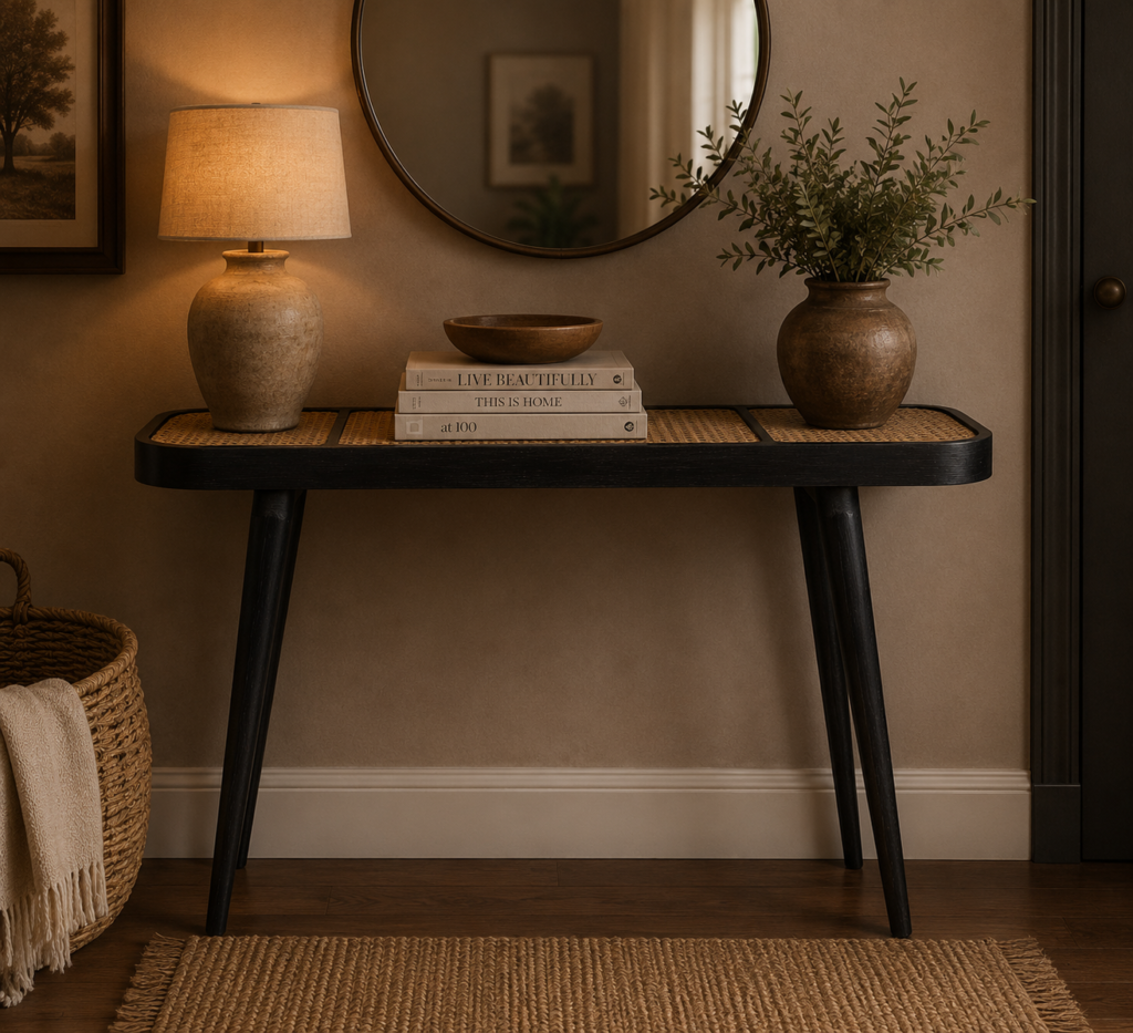 Solid Mango Wood Ash Black Framed Rattan Topped Rounded Console Table