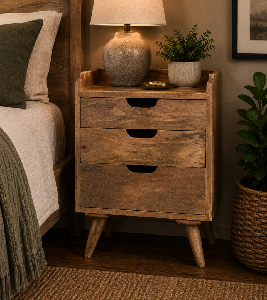 Solid Mango Wood Oak Finished 3 Drawer Gallery Bedside