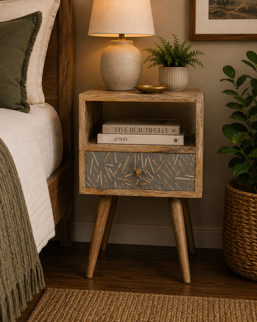 Solid Mango Wood Oak Finished 1 Drawer Chip Pattern Cement Front Bedside