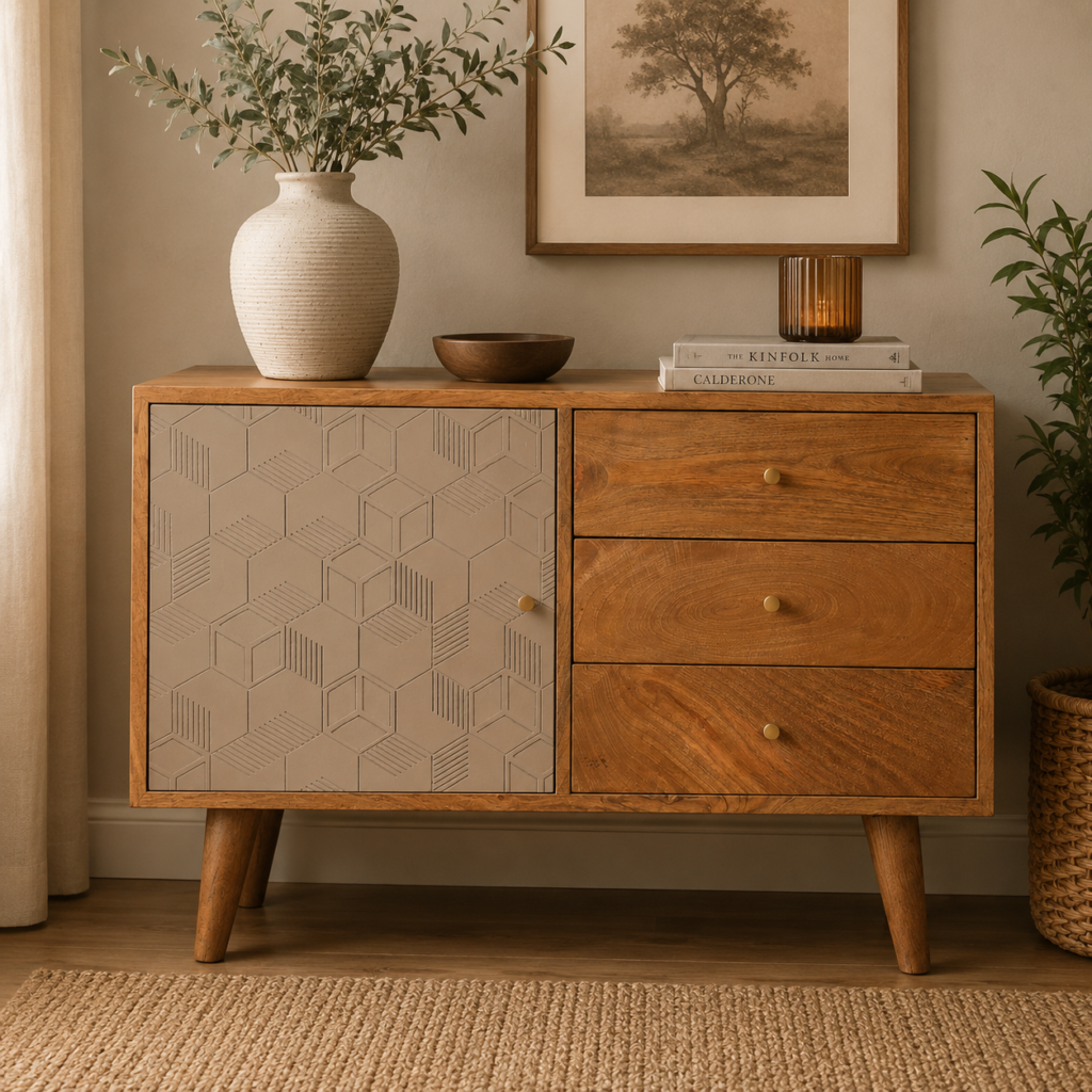 Solid Mango Wood Natural Finished Champagne Cube Design 3 Drawer 2 Shelf Acadia Cabinet