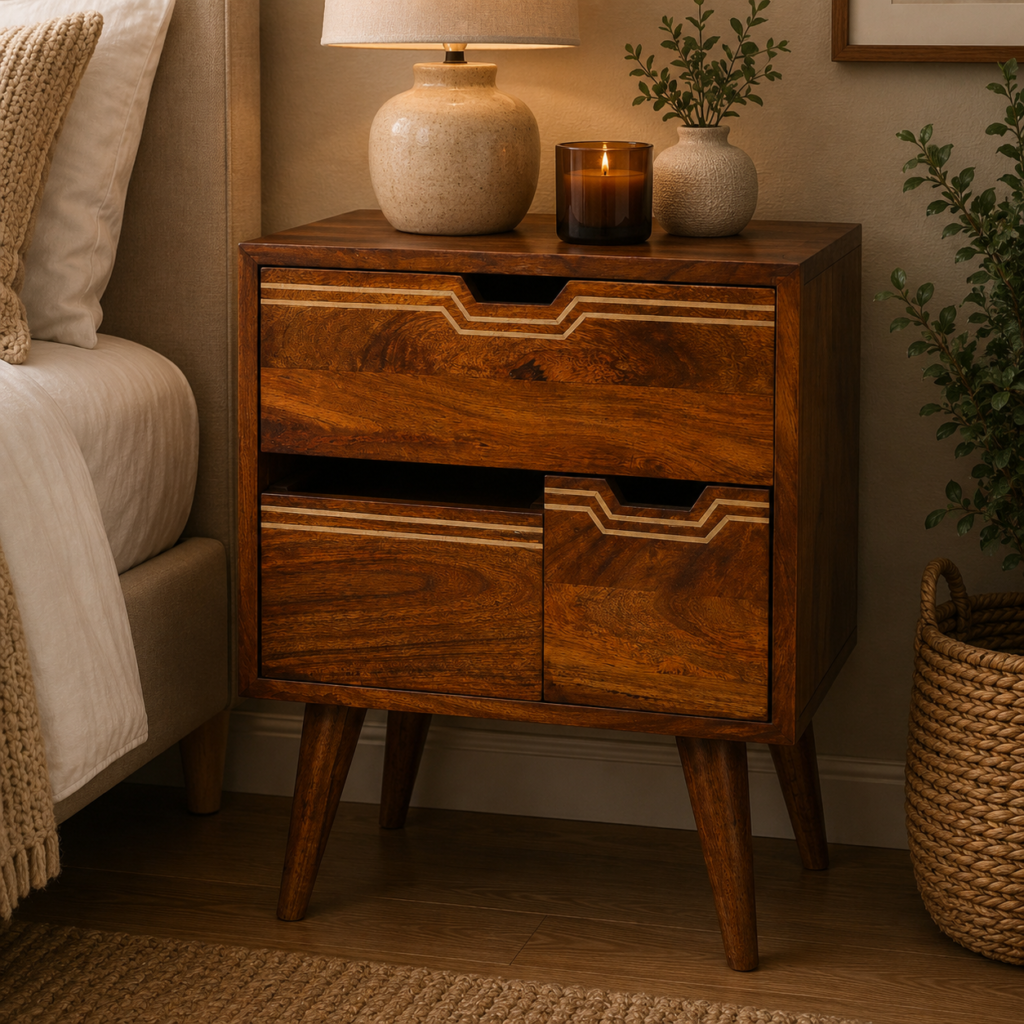 Solid Mango Wood Chestnut Finished Brass Inlaid 3 Drawer Bedside
