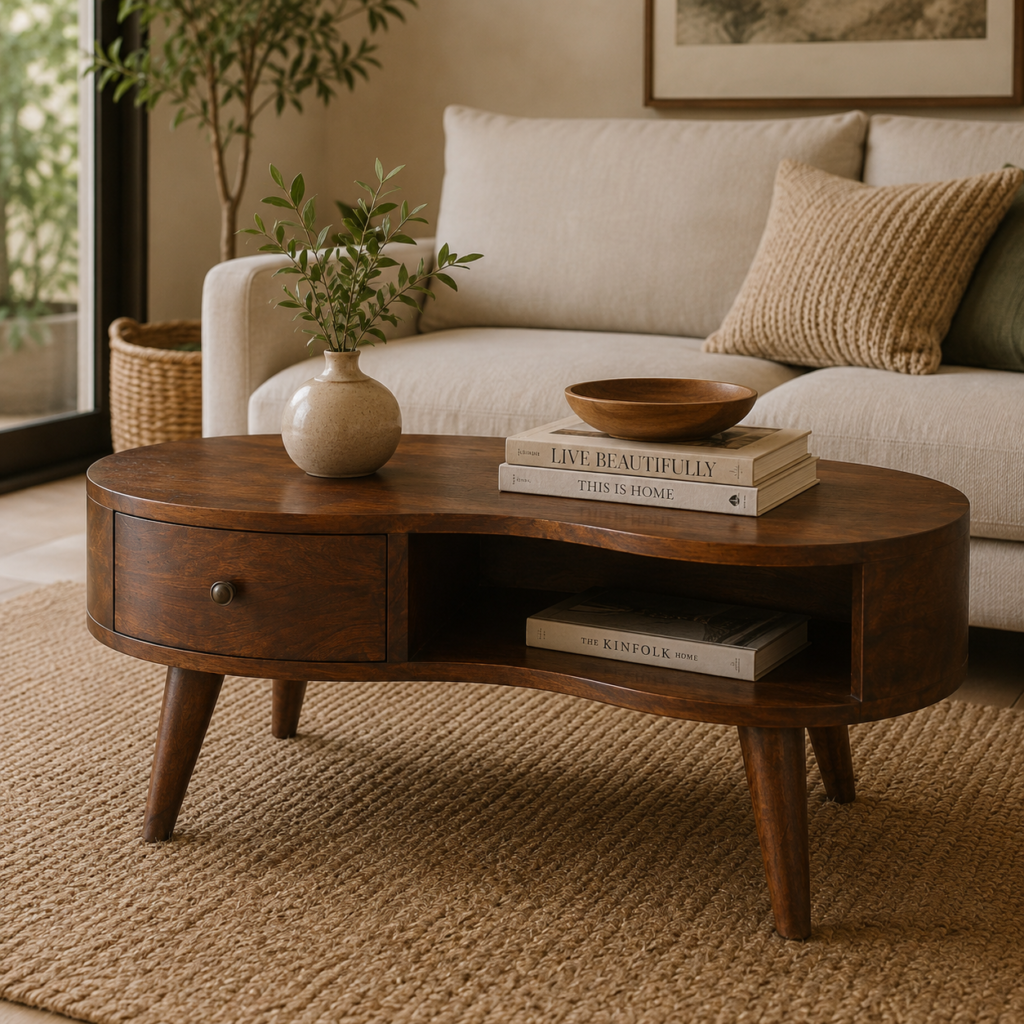 Solid Mango Wood Chestnut Finished Wave Coffee Table