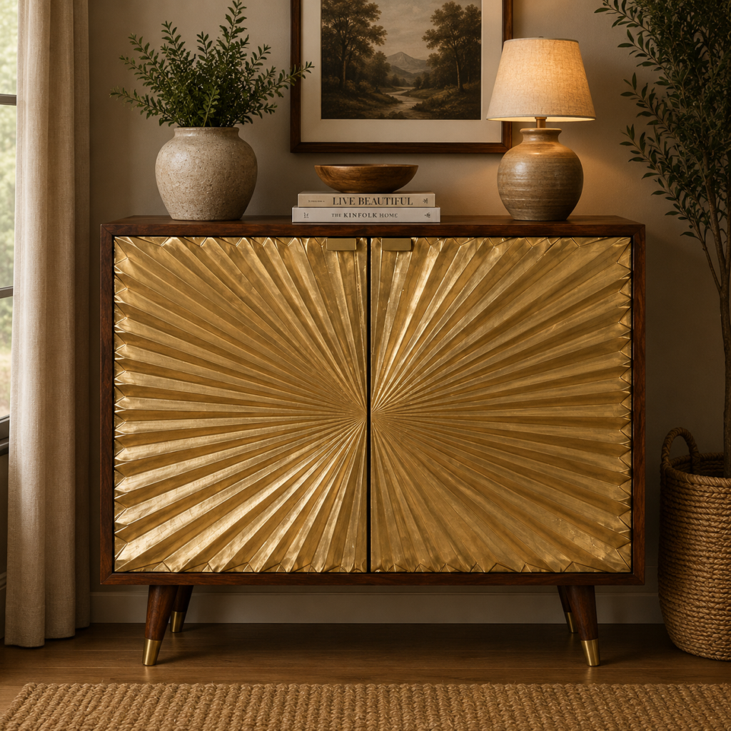 Solid Mango Wood Chestnut Finished 2 Door Manila Gold Cabinet