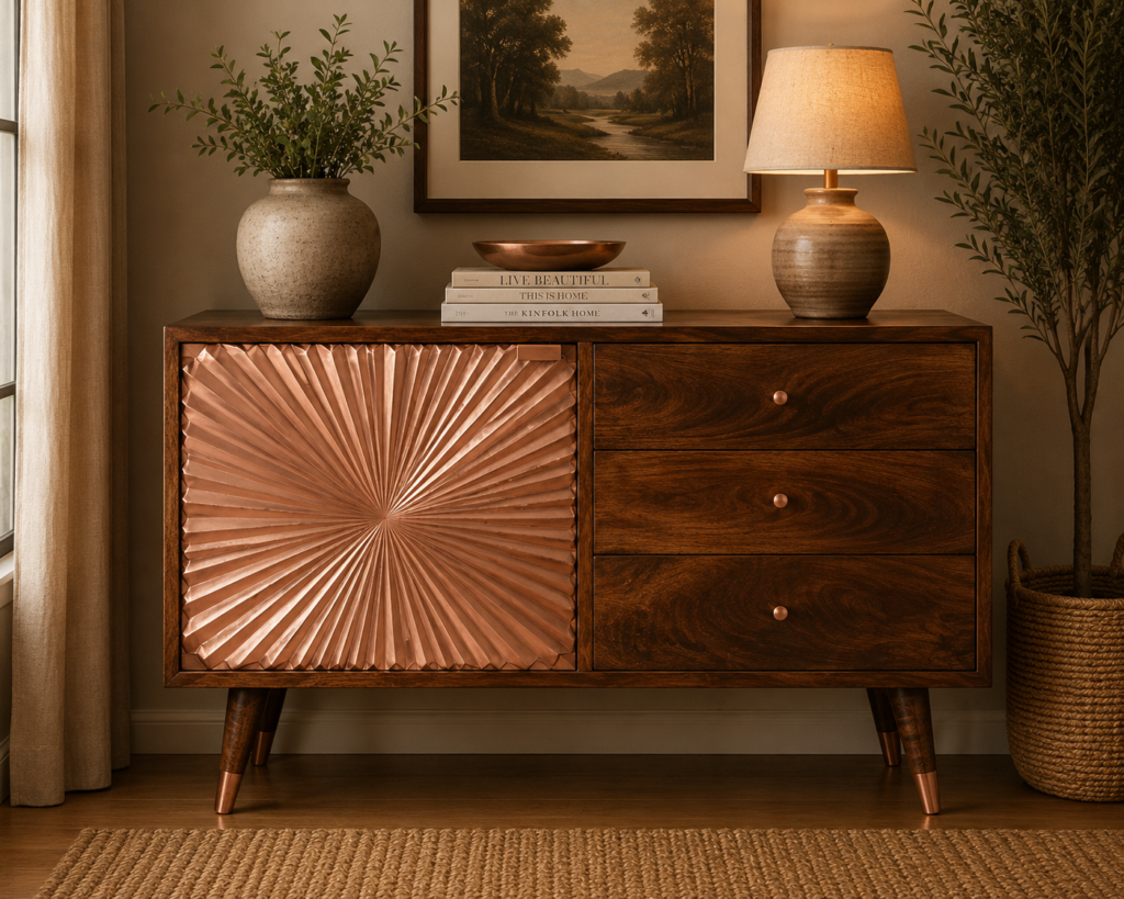 Solid Mango Wood Chestnut Finished Copper Plate Front Door 3 Drawer Cabinet