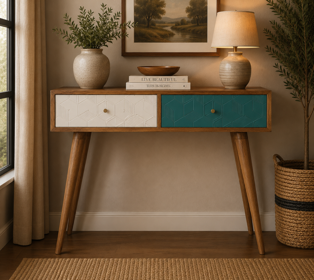 Solid Mango Wood Oak Finished White and Teal Painted 2 Drawer Console Table