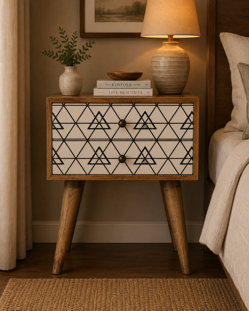Solid Mango Wood Oak Finished Hand Painted 2 Drawer Bedside