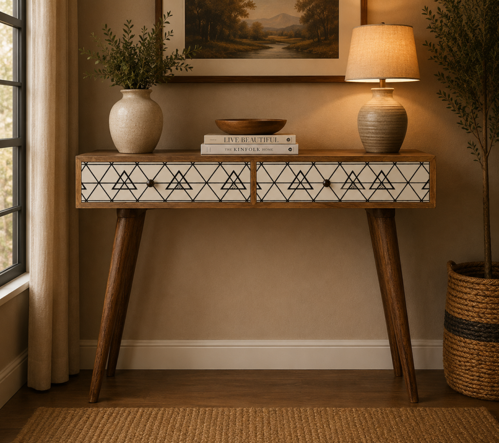Solid Mango Wood Oak Finished Screen Printed 2 Drawer Console Table