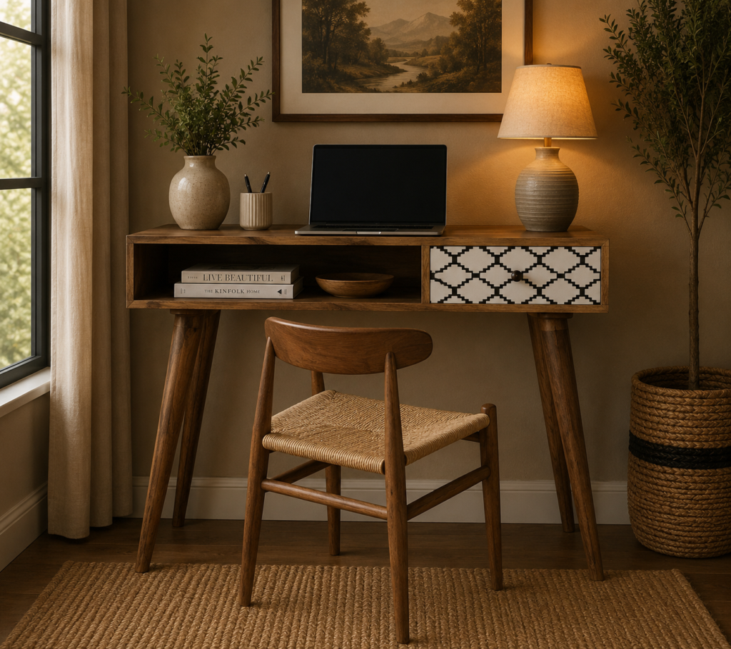 Solid Mango Wood Oak Finished Screen Printed 1 Slot 1 Drawer Desk