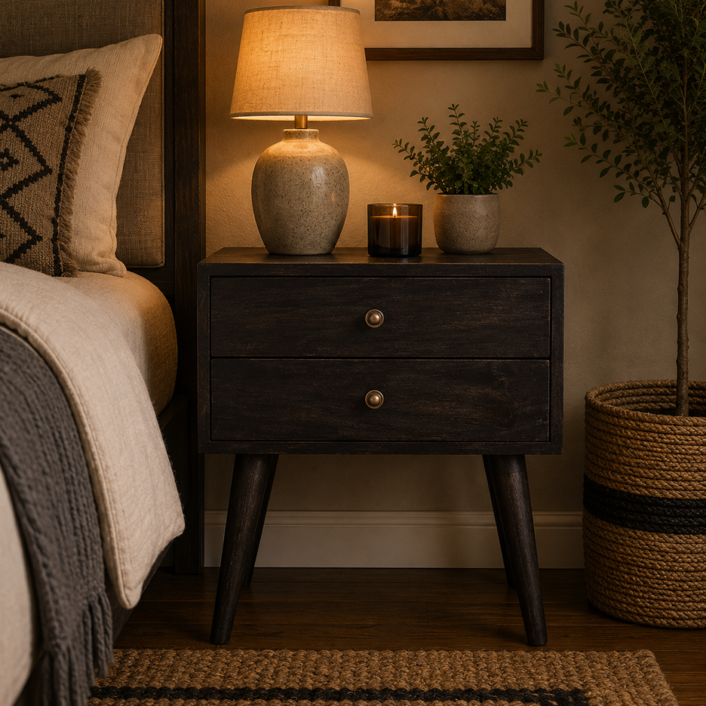 Solid Mango Wood Black Ash Finished 2 Drawer Bedside