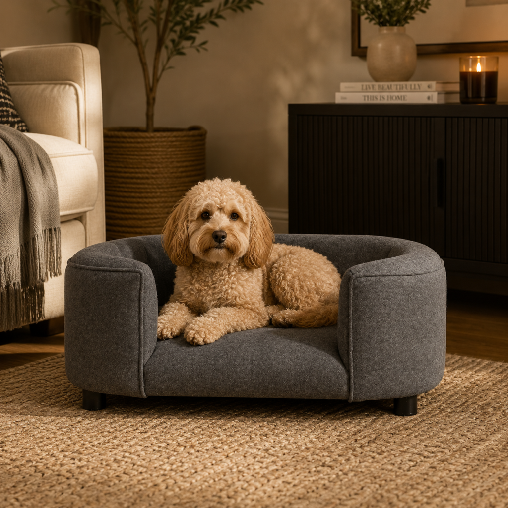 Solid Mango Wood Battleship Grey Tweed Pet Sofa Bed