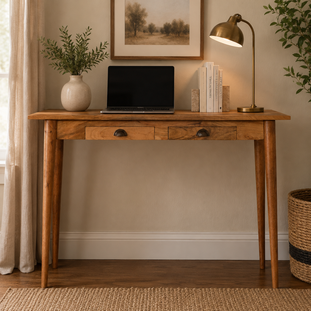 Solid Mango Wood Oak Finished 2 Drawer Writing Desk with Cable