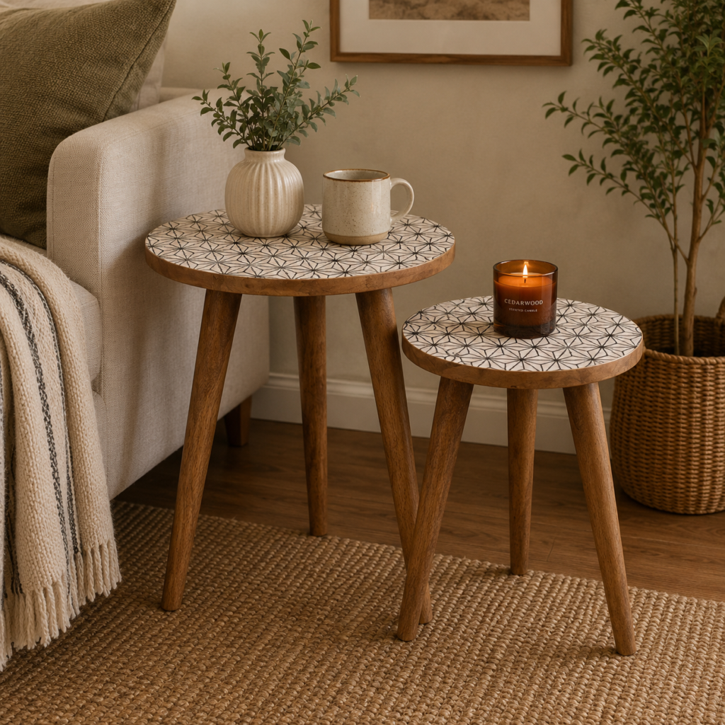 Solid Mango Wood Oak Finished Geometric Top Set of 2 Lismore End Tables