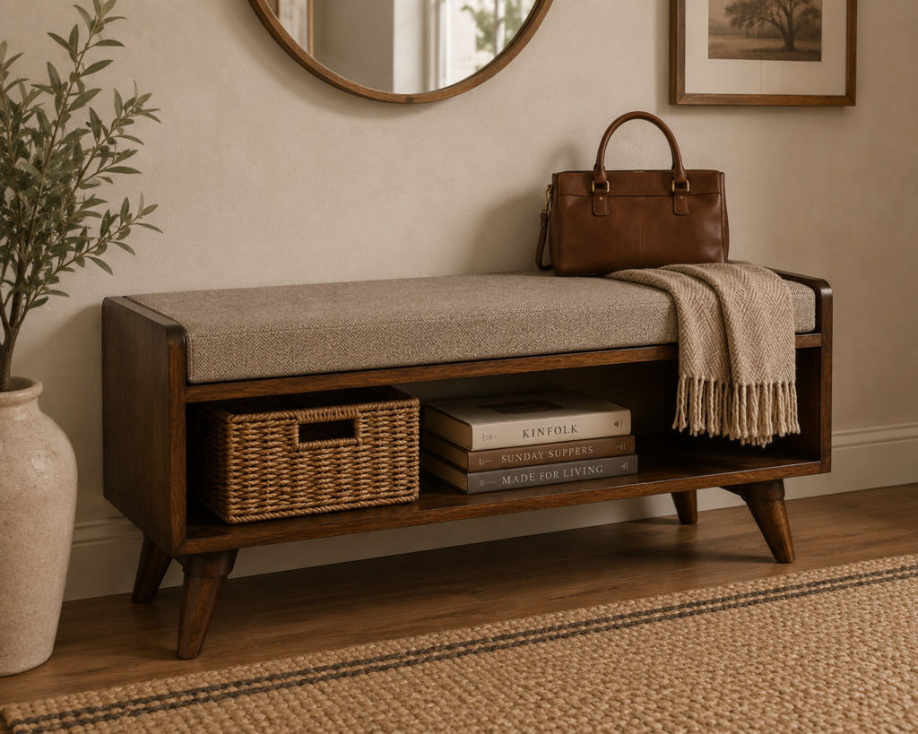 Solid Mango Wood Chestnut Finished Bench with Brown Tweed Seat Pad