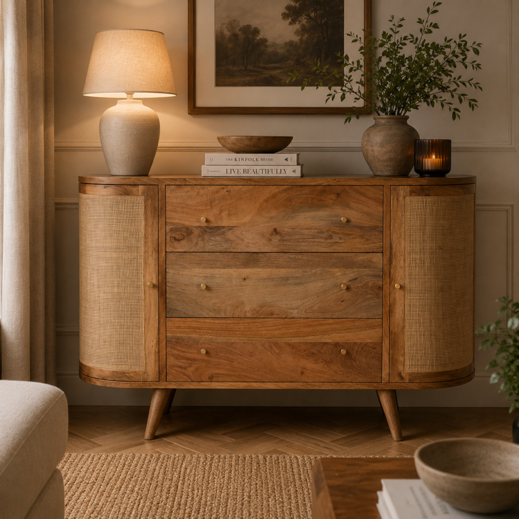 Solid Mango Wood Oak Finished Close Knit Doors 2 Door 3 Drawer Cabinet