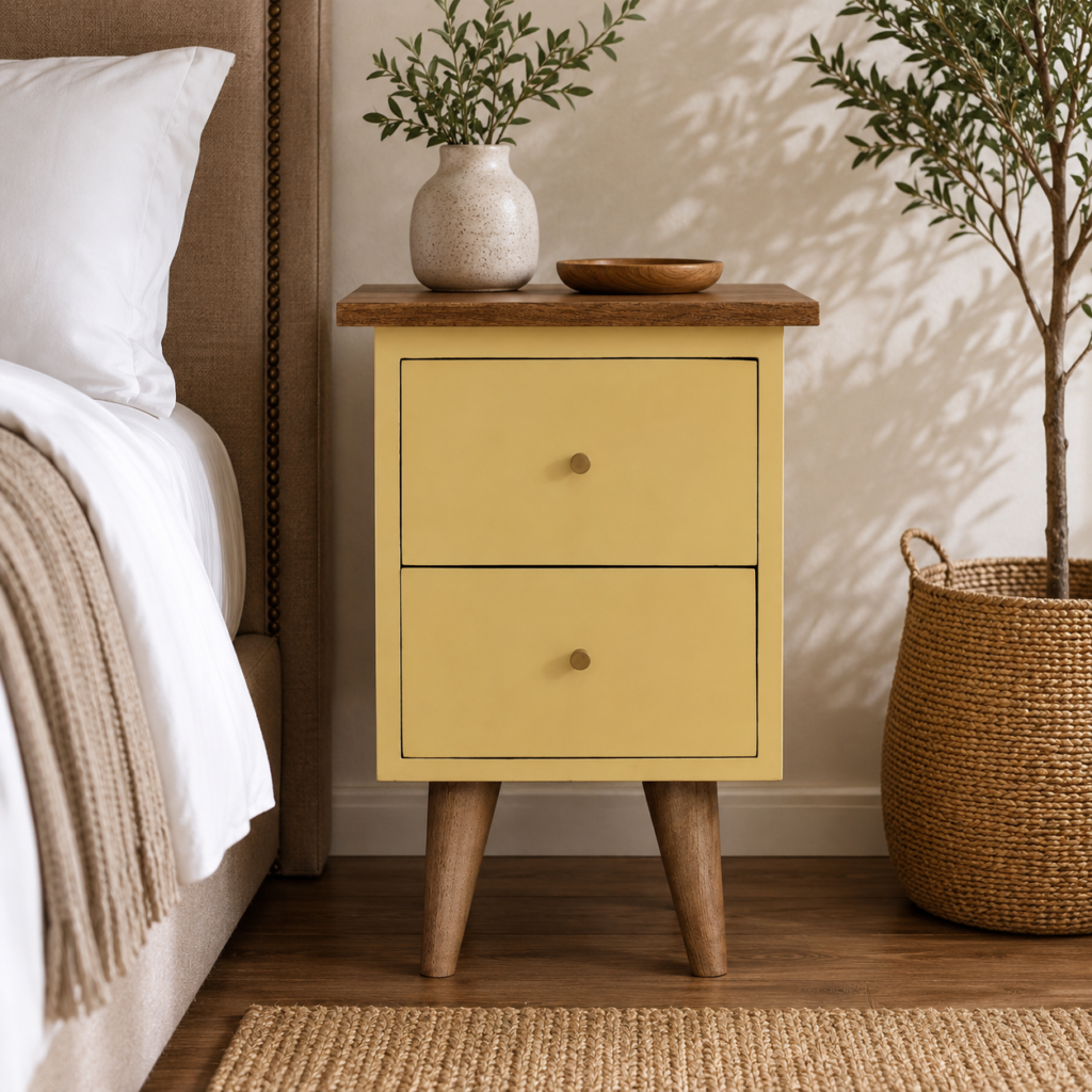 Solid Mango Wood Oak Finished 2 Drawer Yellow Hand Painted Bedside