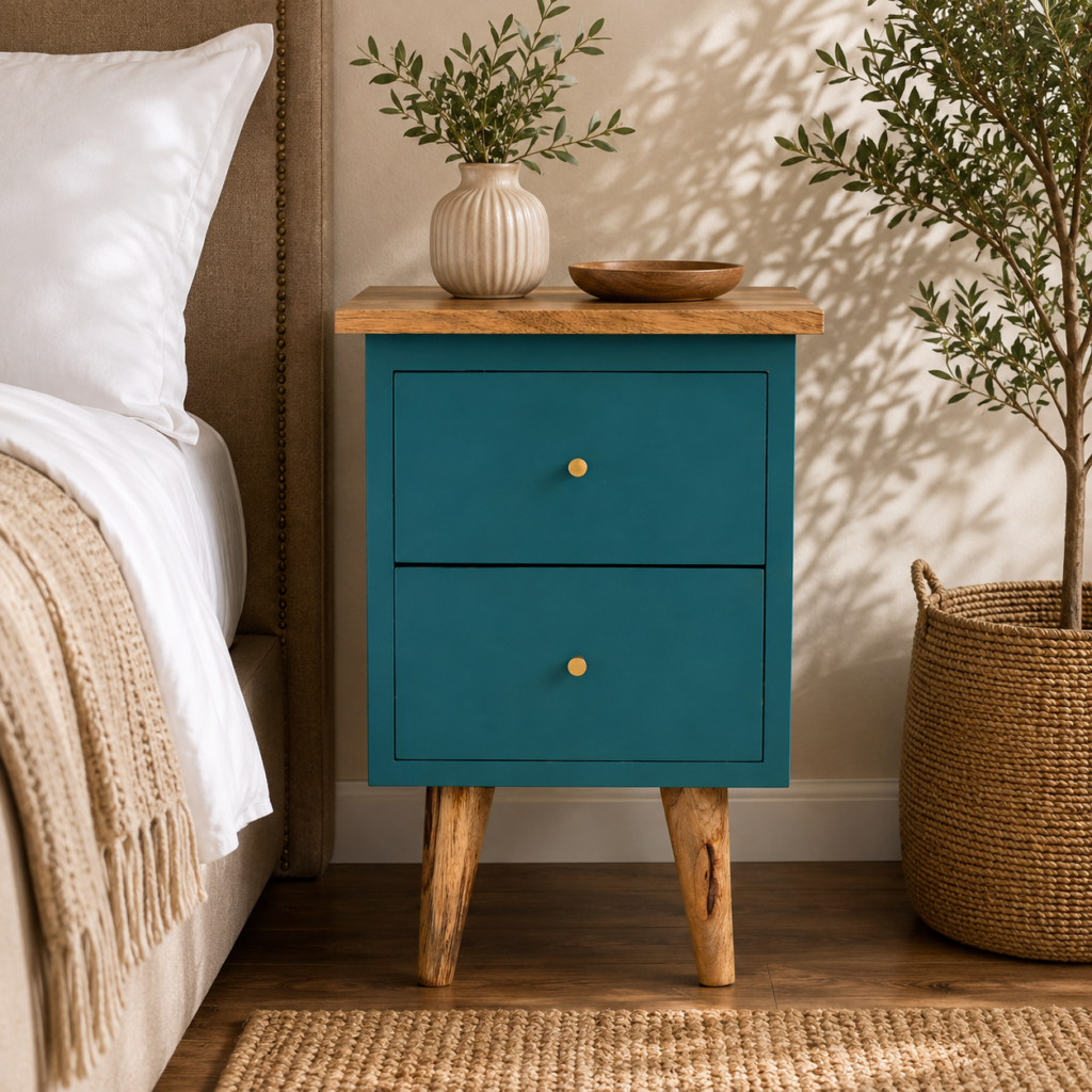 Solid Mango Wood Oak Finished Teal Painted Two Drawer Bedside Table/Cabinet