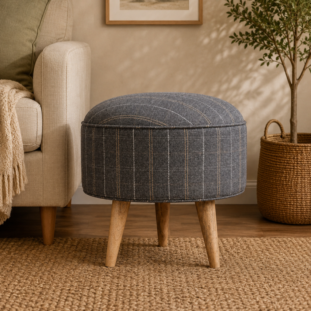 Solid Mango Wood Oak Finished Pewter Tweed Footstool