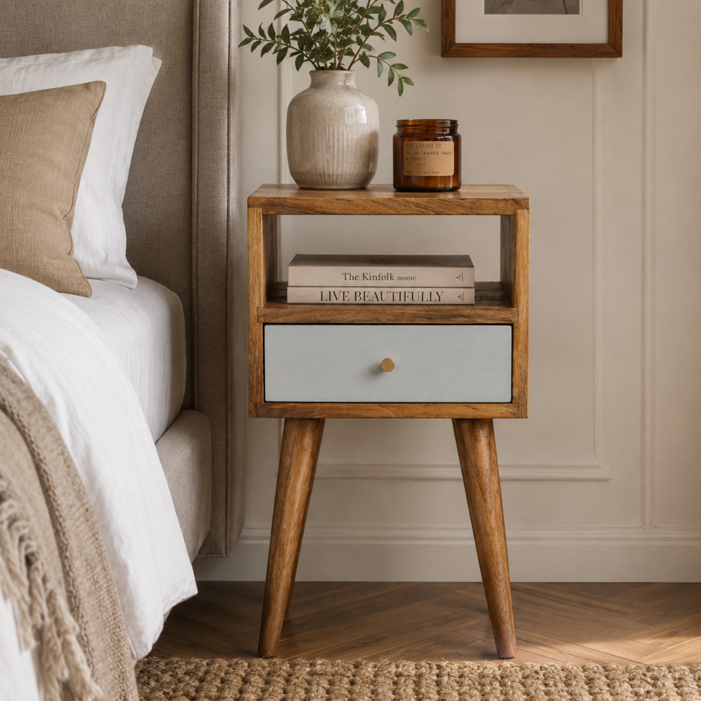 Solid Mango Wood Oak Finished 1 Drawer 1 Slot Sky Blue Painted Bedside