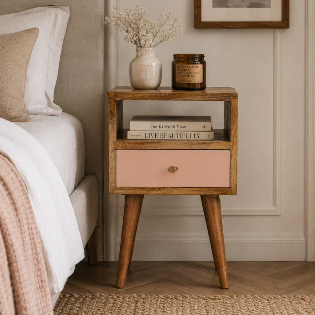 Solid Mango Wood Oak Finished 1 Drawer 1 Slot Mini Blush Hand Painted Bedside