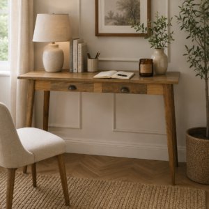 Solid Mango Wood Oak Finished 2 Drawer Nordic Writing Desk