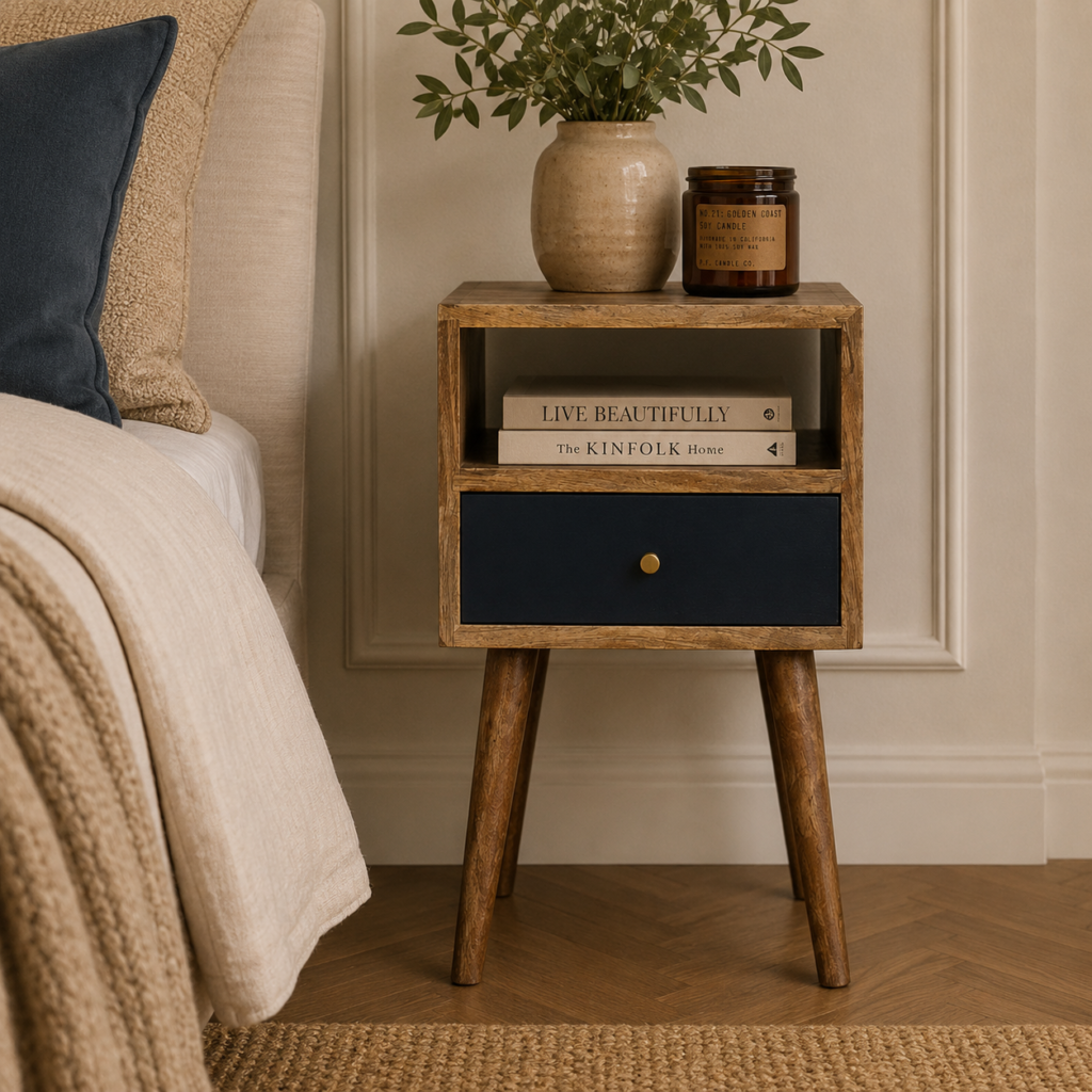 Solid Mango Wood 1 Drawer 1 Slot Mini Navy Blue Hand Painted Bedside