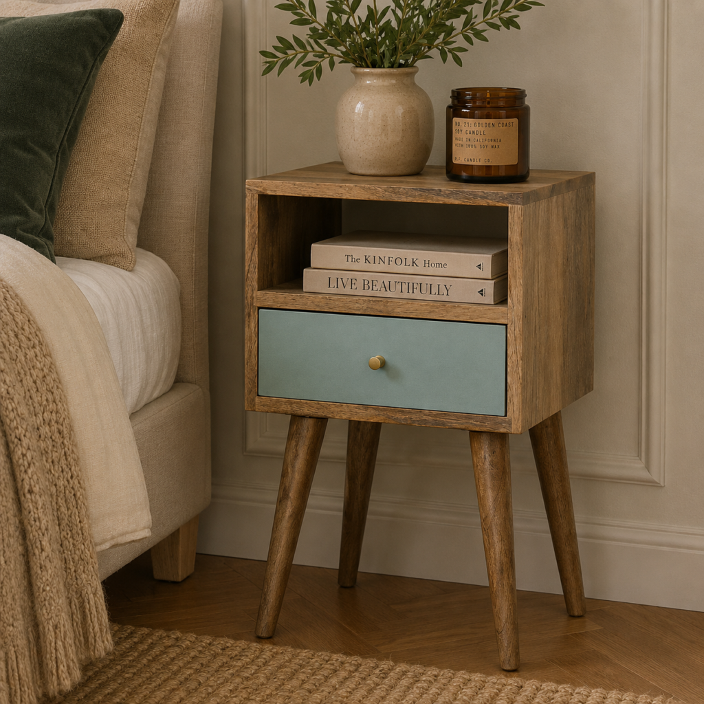 Solid Mango Wood Oak Finished 1 Drawer 1 Slot Duck Egg Green Hand Painted Bedside